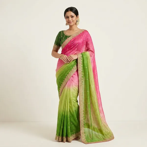Rutexa_Fashion_Dyed_Color_Block_Embroidered_Chinnon_Saree_With_Semistitched_Blouse_Green_And_Pink