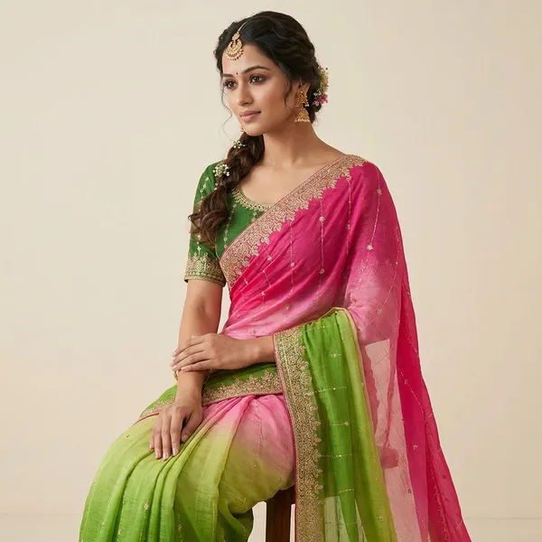 Rutexa_Fashion_Dyed_Color_Block_Embroidered_Chinnon_Saree_With_Semistitched_Blouse_Green_And_Pink