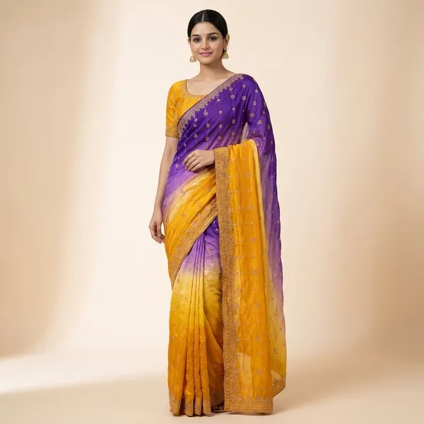 Rutexa_Fashion_Dyed_Color_Block_Embroidered_Jamdani_Chiffon_Saree_With_Semistitched_Blouse_Yellow_And_Violet