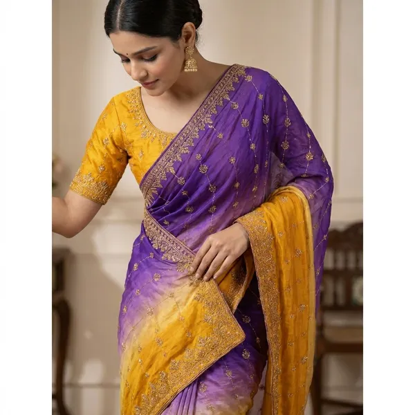 Rutexa_Fashion_Dyed_Color_Block_Embroidered_Jamdani_Chiffon_Saree_With_Semistitched_Blouse_Yellow_And_Violet