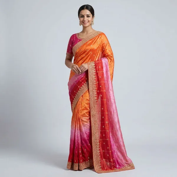 Rutexa_Fashion_Dyed_Color_Block_Embroidered_Jamdani_Chinnon_Saree_With_Semistitched_Blouse_Pink_And_Orange