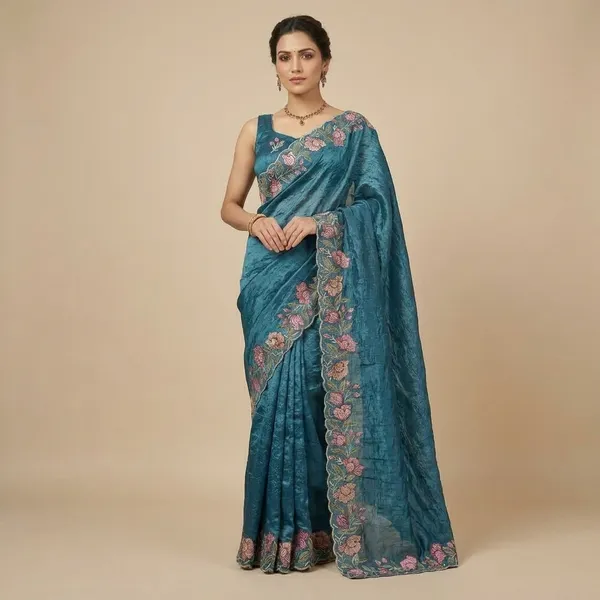 Rutexa_fashion_Gold_Crush_Embodred_Saree_Blue_For_Women