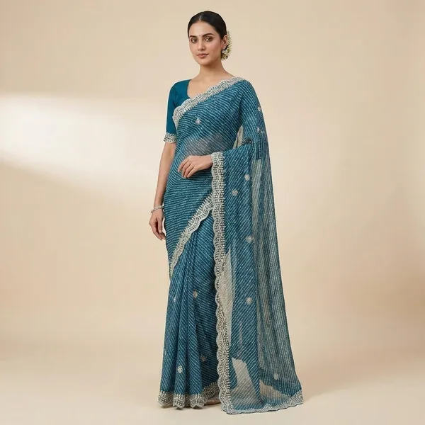 Elegant_Leheriya_Saree_With_Sequin_Border_And_Matching_Blouse_Teal_Blue
