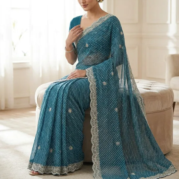 Elegant_Leheriya_Saree_With_Sequin_Border_And_Matching_Blouse_Teal_Blue