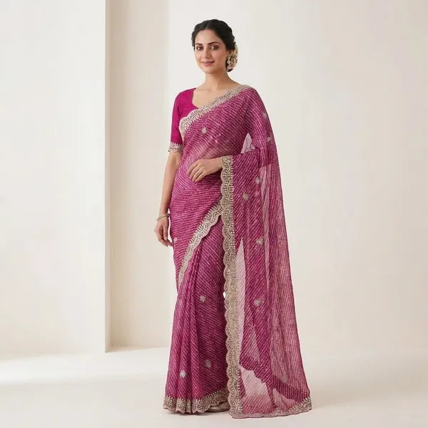 Embrodred_Lehariya_Design_Cotton_Saree_With_Embellished_Border_Pink