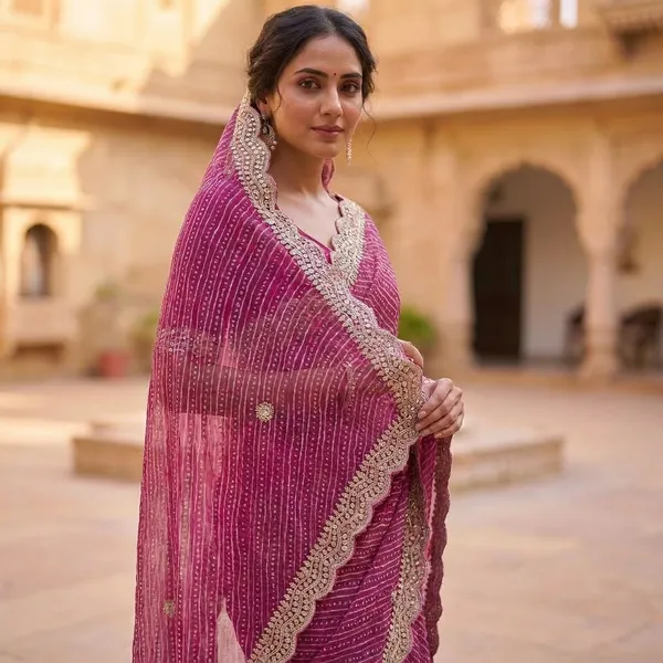 Embrodred_Lehariya_Design_Cotton_Saree_With_Embellished_Border_Pink