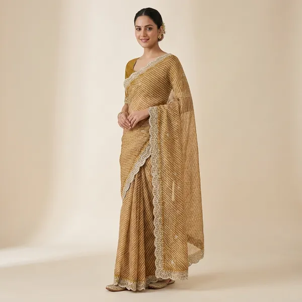 Embellished_Lehariya_Design_Saree_With_Designer_Border_And_Blouse_Golden_Beige