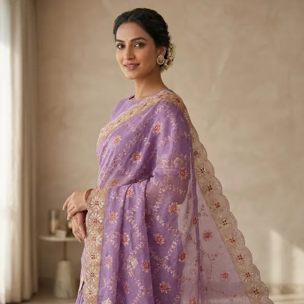 EMBRODRED_COTTON_FLOWER_JAL_DESIGN_SAREE_With_Scalloped_Border_And_Embellished_Blouse_Purple