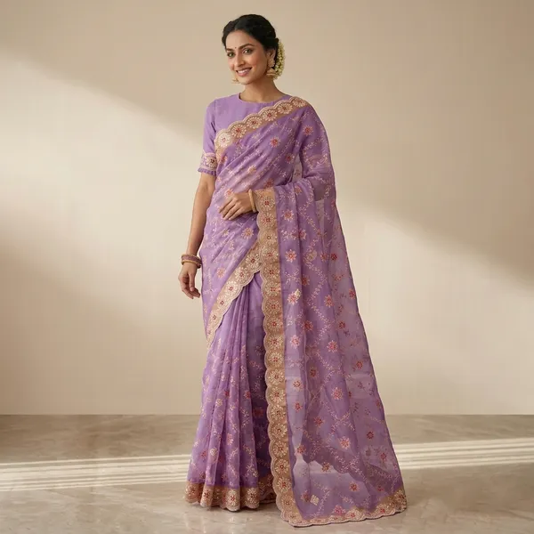 EMBRODRED_COTTON_FLOWER_JAL_DESIGN_SAREE_With_Scalloped_Border_And_Embellished_Blouse_Purple