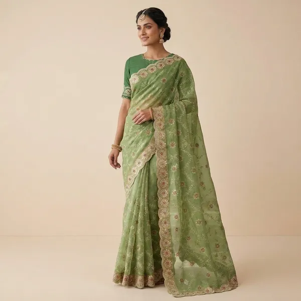 Organza_Saree_With_Embroidered_Border_And_Blouse_Green