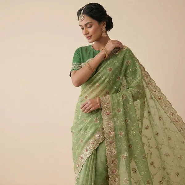 Organza_Saree_With_Embroidered_Border_And_Blouse_Green
