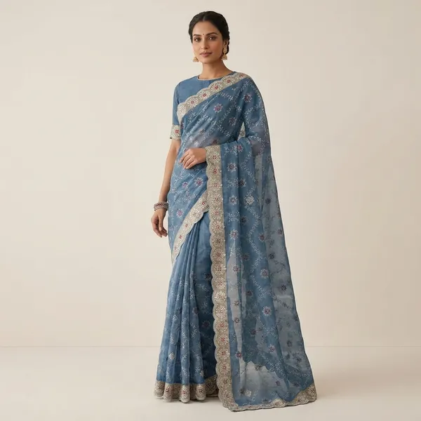 Floral_Embroidered_Cotton_Flower_Saree_With_Embellished_Border_And_Blouse_Blue_For_Women