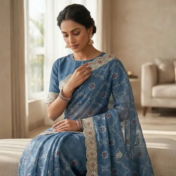 Floral_Embroidered_Cotton_Flower_Saree_With_Embellished_Border_And_Blouse_Blue_For_Women