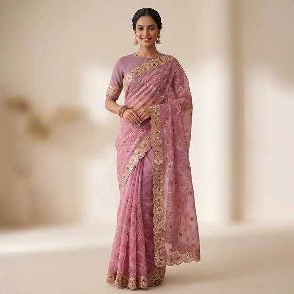 Embroidered_Net_Saree_With_Golden_Border_And_Matching_Blouse_Pink