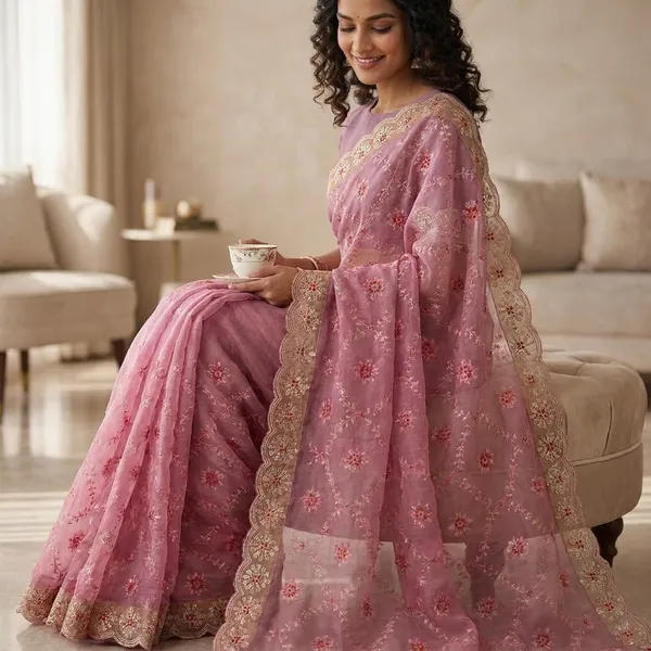 Embroidered_Net_Saree_With_Golden_Border_And_Matching_Blouse_Pink