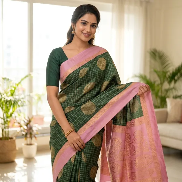 Checkered_Silk_Saree_With_Border_And_Golden_Motifs_Green_And_Pink
