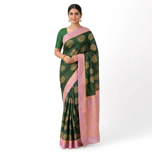 Checkered_Silk_Saree_With_Border_And_Golden_Motifs_Green_And_Pink