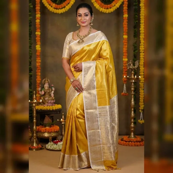 Traditional_Kanchipuram_Silk_Saree_In_With_Silver_Zari_Border_Golden_Yellow