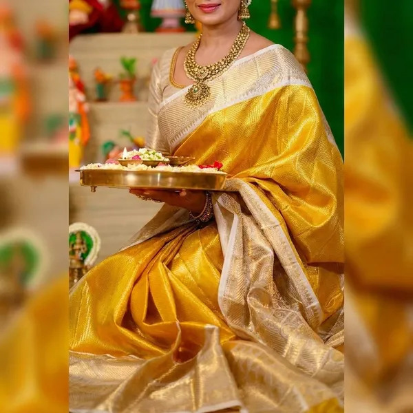 Traditional_Kanchipuram_Silk_Saree_In_With_Silver_Zari_Border_Golden_Yellow
