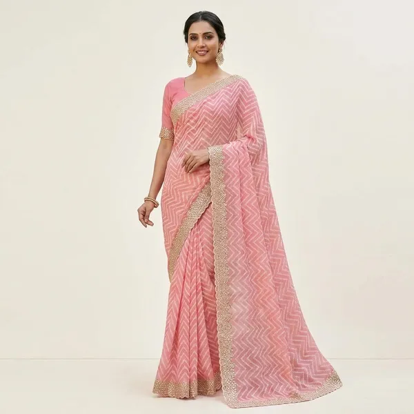 Embordered_Cotton_Zig_Zag_Design_Chevron_Pattern_Saree_With_Embellished_Border_And_Blouse_Pink