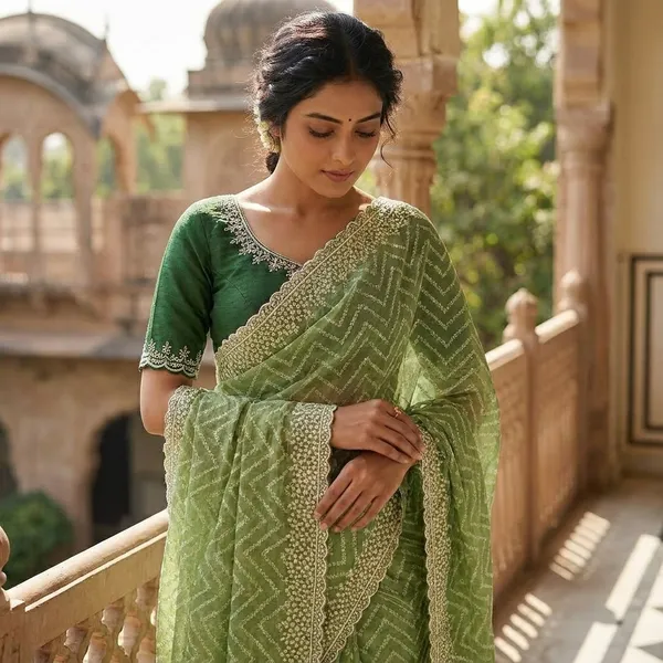 Embellished_Saree_With_Zigzag_Pattern_And_Designer_Blouse_Green