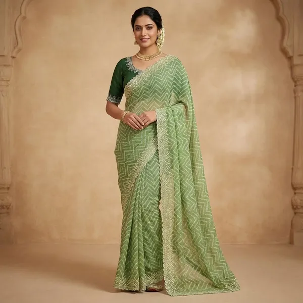 Embellished_Saree_With_Zigzag_Pattern_And_Designer_Blouse_Green