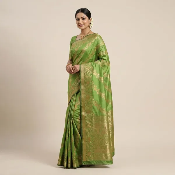 Elegant_Banarasi_Silk_Saree_With_Golden_Zari_Work_Green