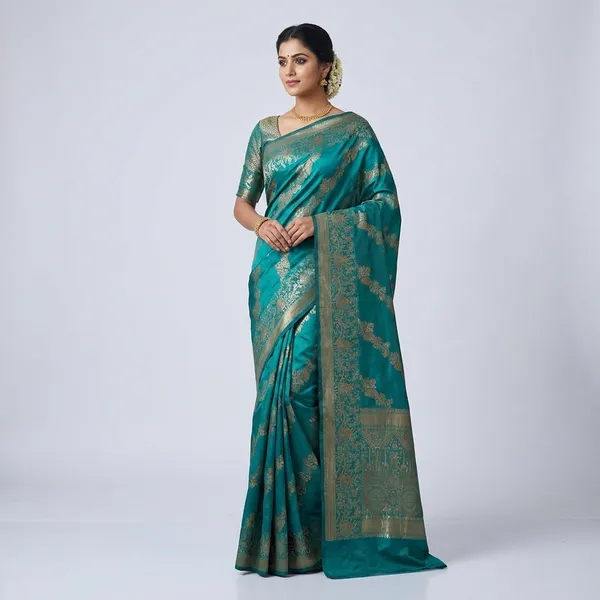 Elegant_Banarasi_Silk_Saree_With_Golden_Zari_Weaving_Teal