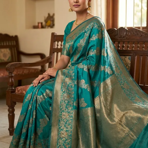 Elegant_Banarasi_Silk_Saree_With_Golden_Zari_Weaving_Teal
