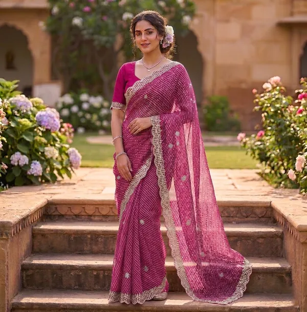 Embrodred_Lehariya_Design_Cotton_Saree_With_Embellished_Border_Pink