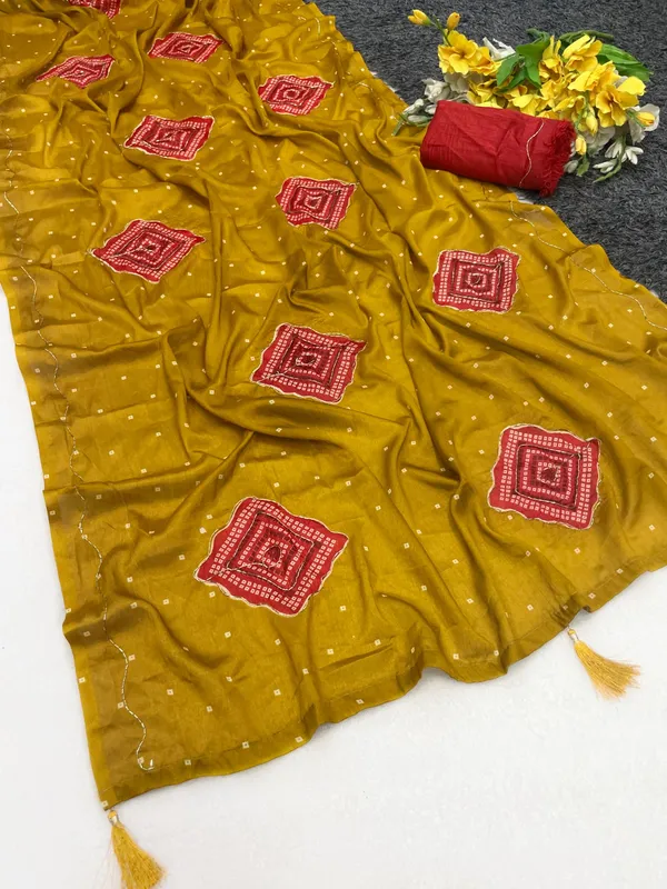 Silk_Saree_With_Red_Bandhani_Motifs_And_Blouse_Piece_Mustard_Yellow