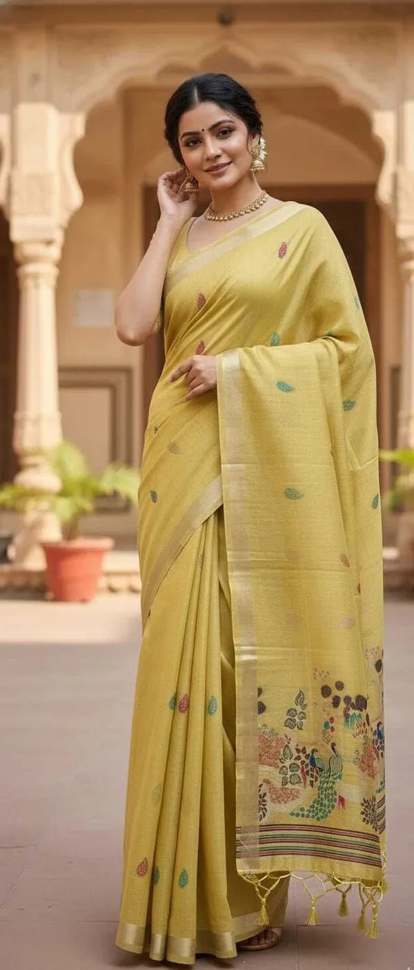 Rutexa_Fashion_Printed_Floral_Print_Paisley_Jamdani_Cotton_Blend_Saree_Yellow