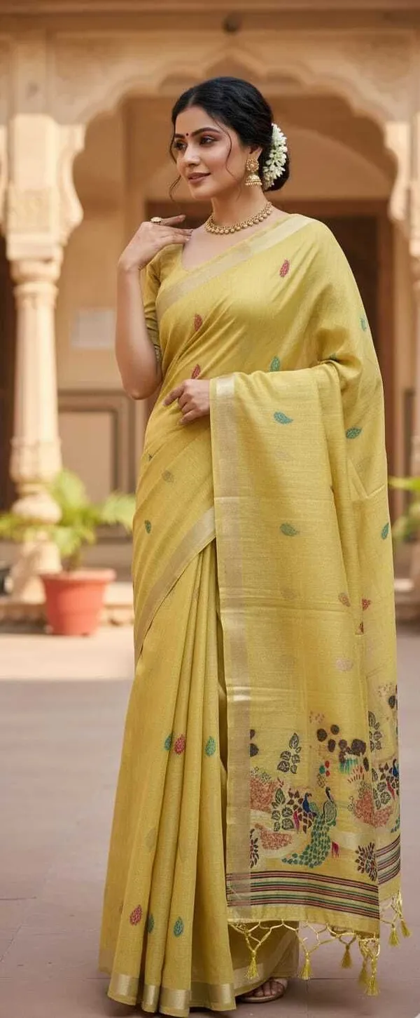 Rutexa_Fashion_Printed_Floral_Print_Paisley_Jamdani_Cotton_Blend_Saree_Yellow