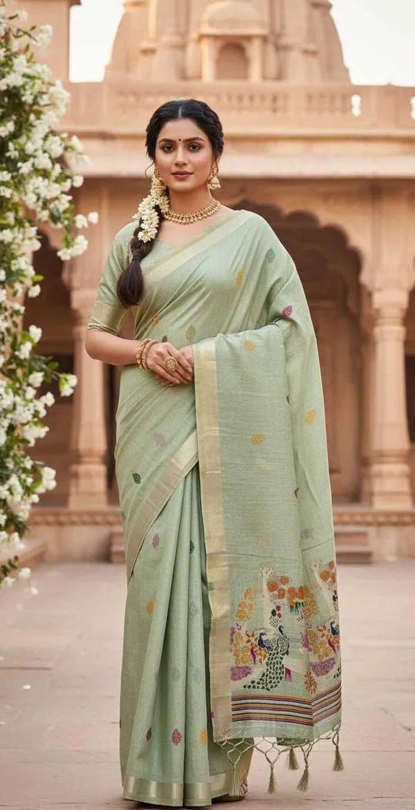 Rutexa_Fashion_Printed_Self_Design_Jamdani_Cotton_Blend_Saree_Light_Green