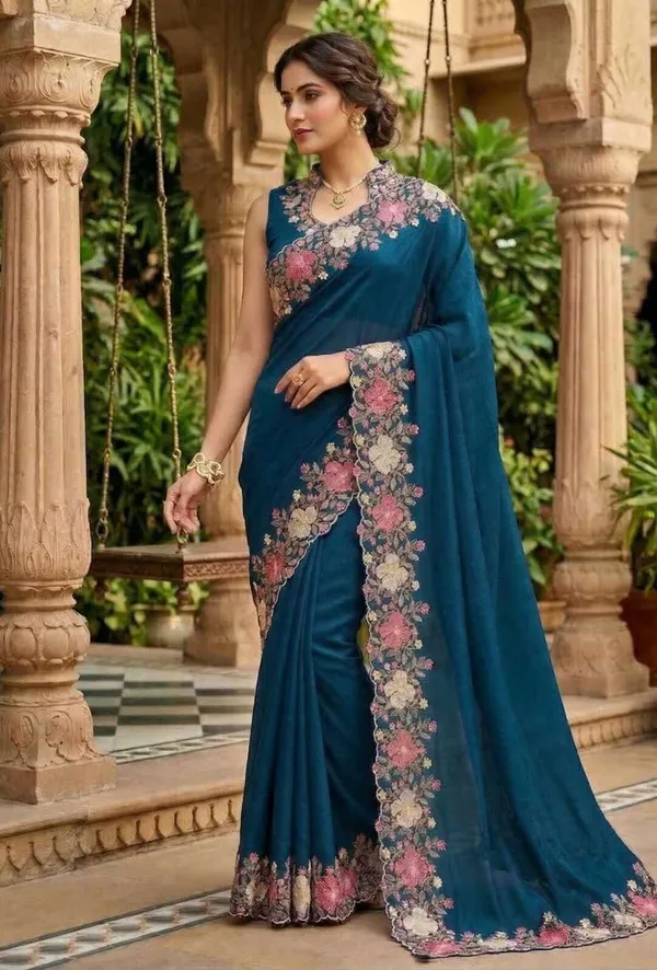 Rutexa_Fashion_Embroidered_Floral_Print_Bollywood_Cotton_Blend_Saree_Blue