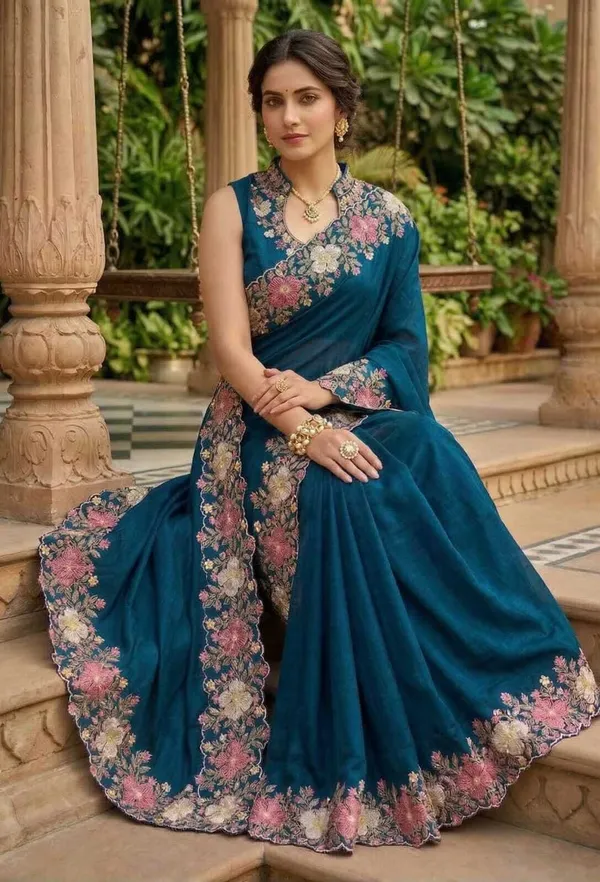 Rutexa_Fashion_Embroidered_Floral_Print_Bollywood_Cotton_Blend_Saree_Blue