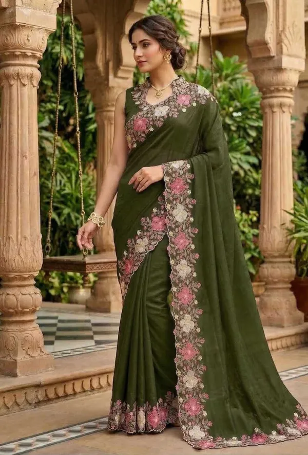 Rutexa_Fashion_Embroidered_Floral_Print_Self_Design_Chanderi_Cotton_Blend_Saree_Green