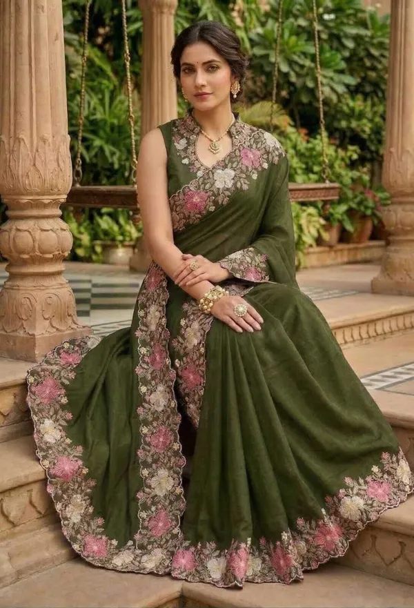 Rutexa_Fashion_Embroidered_Floral_Print_Self_Design_Chanderi_Cotton_Blend_Saree_Green