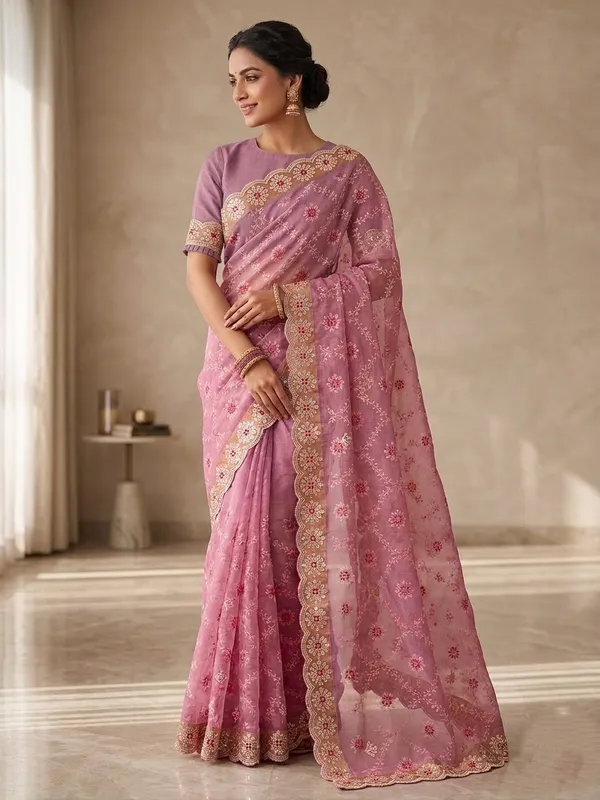 Embroidered_Net_Saree_With_Golden_Border_And_Matching_Blouse_Pink
