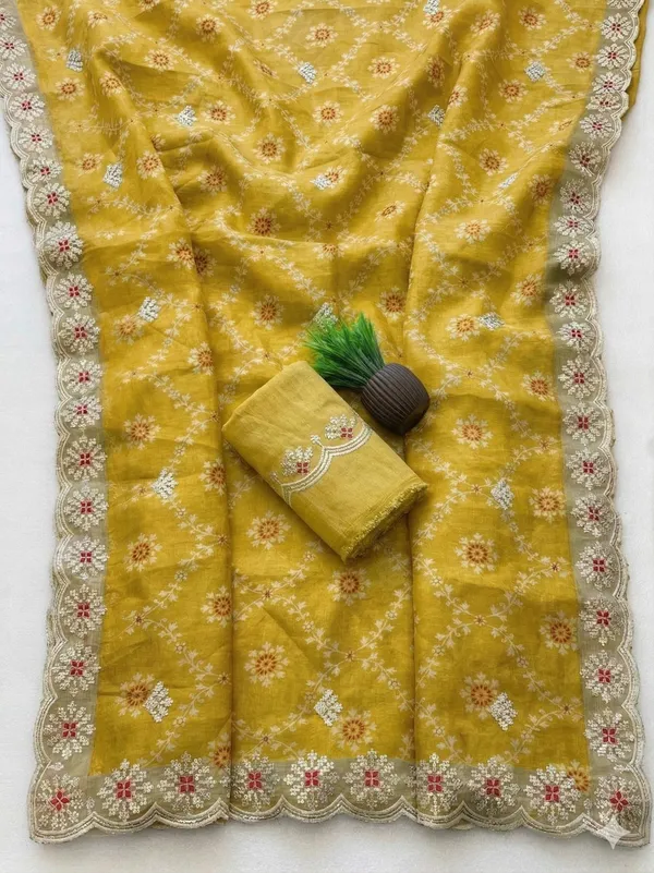 Embroidered_Organza_Saree_With_Embellished_Border_And_Blouse_Yellow