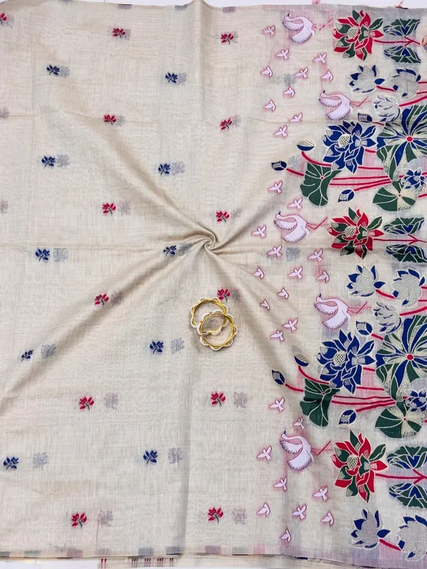 Tussar_Silk_Saree_With_Handpainted_Floral_And_Elephant_Motifs_Beige