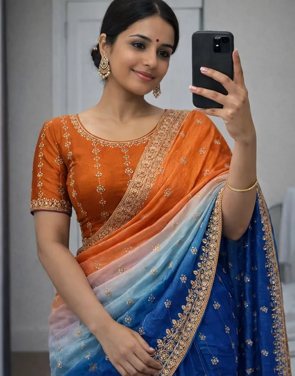 Rutexa_Fashion_Dyed_Color_Block_Embroidered_Jamdani_Chiffon_Saree_With_Semistitched_Blouse_Orange_And_Blue