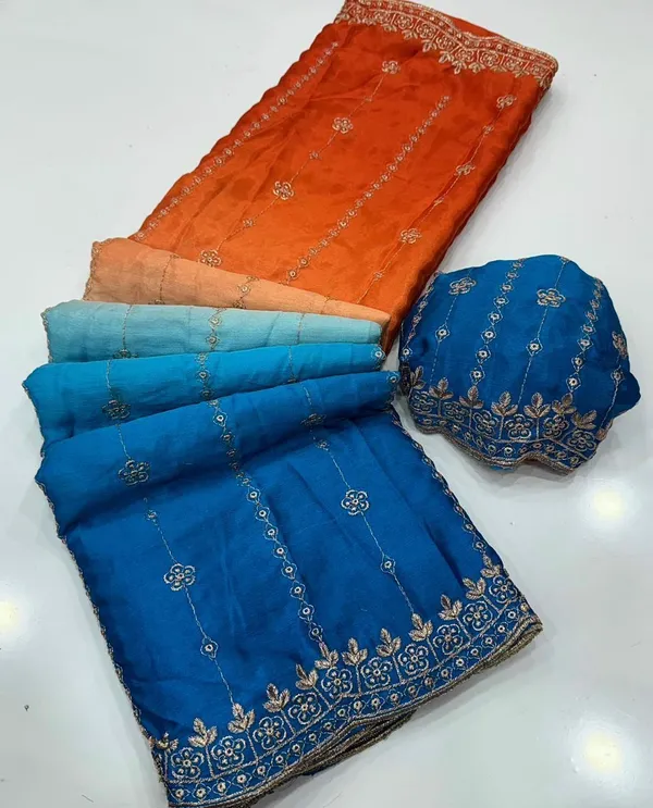 Rutexa_Fashion_Dyed_Color_Block_Embroidered_Jamdani_Chiffon_Saree_With_Semistitched_Blouse_Orange_And_Blue