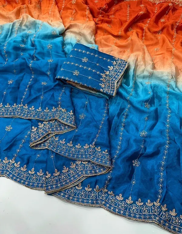 Rutexa_Fashion_Dyed_Color_Block_Embroidered_Jamdani_Chiffon_Saree_With_Semistitched_Blouse_Orange_And_Blue