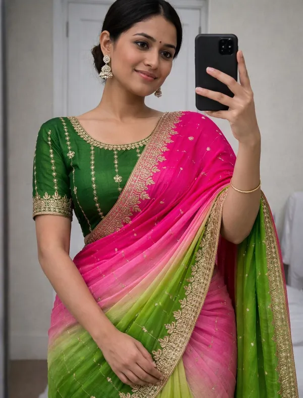 Rutexa_Fashion_Dyed_Color_Block_Embroidered_Chinnon_Saree_With_Semistitched_Blouse_Green_And_Pink