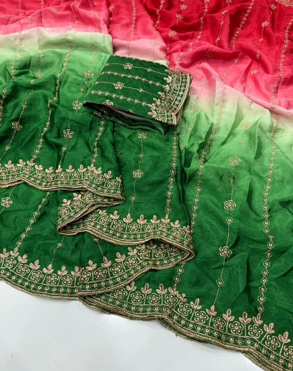 Rutexa_Fashion_Dyed_Color_Block_Embroidered_Chinnon_Saree_With_Semistitched_Blouse_Green_And_Pink