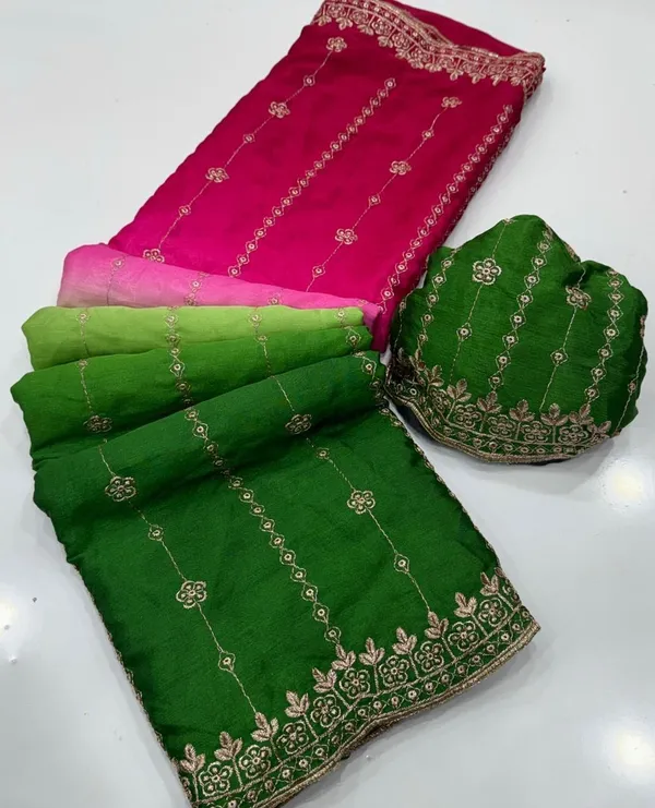 Rutexa_Fashion_Dyed_Color_Block_Embroidered_Chinnon_Saree_With_Semistitched_Blouse_Green_And_Pink