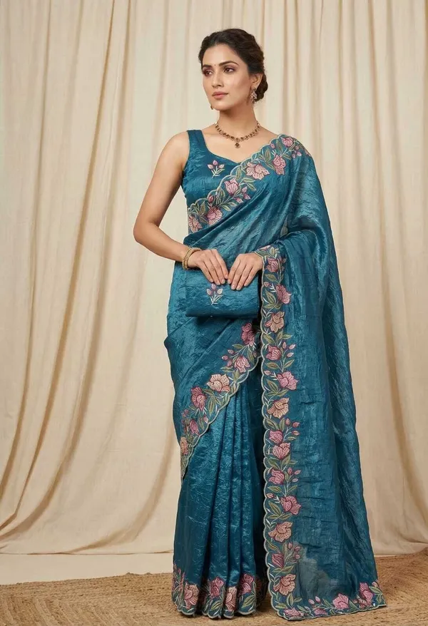 Rutexa_fashion_Gold_Crush_Embodred_Saree_Blue_For_Women