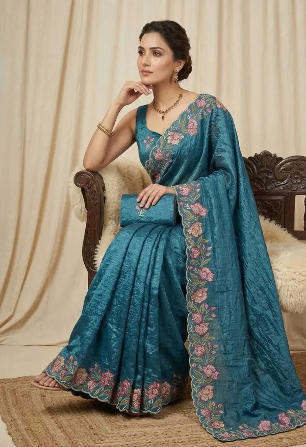 Rutexa_fashion_Gold_Crush_Embodred_Saree_Blue_For_Women