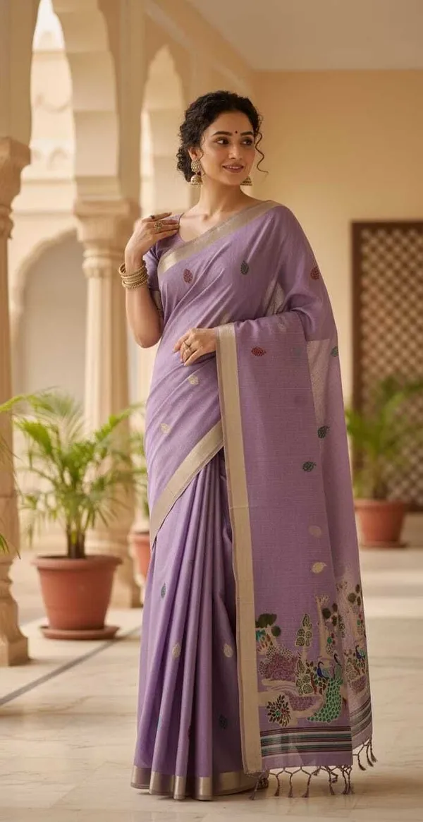 Rutexafashion_Printed_Floral_Print_Jamdani_Cotton_Blend_Saree_Purple